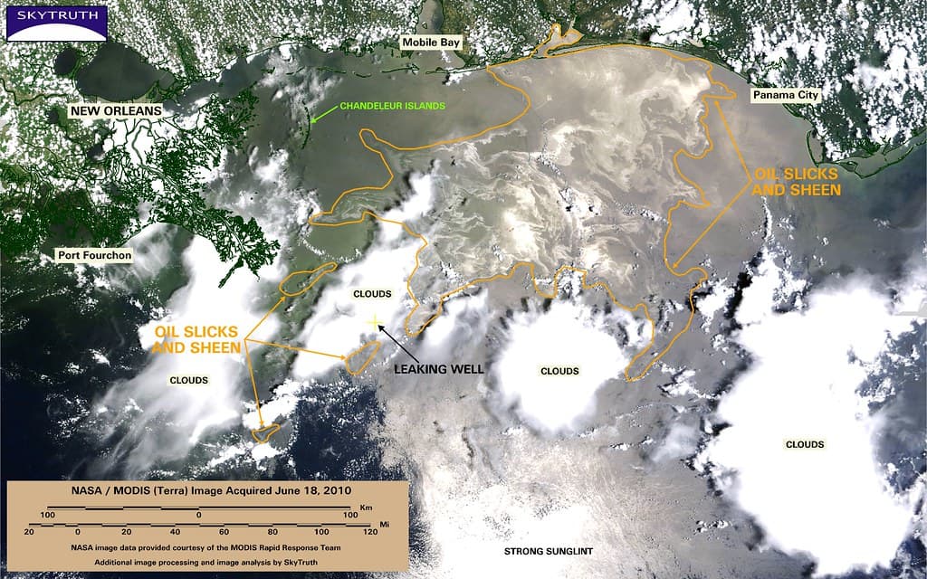 Deepwater Horizon Oil Spill - MODIS/Terra Detail (with interpretation), June 18, 2010