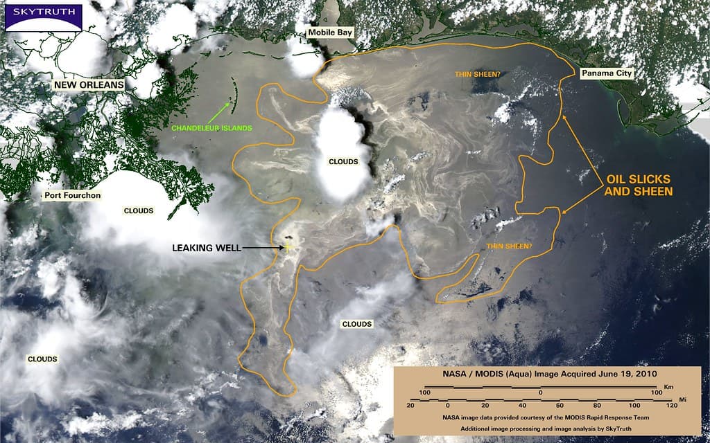 Deepwater Horizon Oil Spill - MODIS/Aqua Detail (with interpretation), June 19, 2010