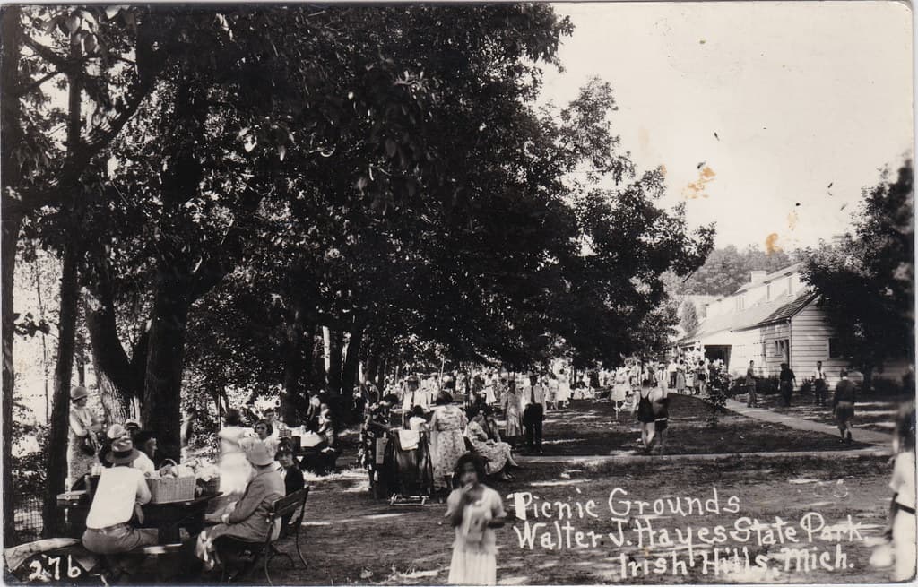 SE Brooklyn Irish Hills Manitou Beach MI RPPC 1920s Old M-112 Day-Trip PICNIC & FAMILY FUN at the JUST OPENED Walter J. Hayes State Park on Wamplers Lake & Round Lake Department of Conservation