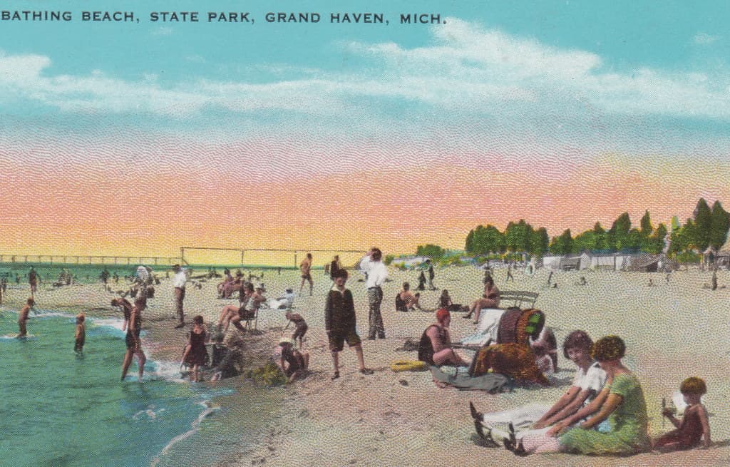 SW Grand Haven early BEACH BABES & FAMILY FUN c.1910 State Park Beach Pier and Lighthouse View looking North to Harbor Pier 1 Piece Bathing Suit Days Vacation Days and Family FUN on Lake Michigan1