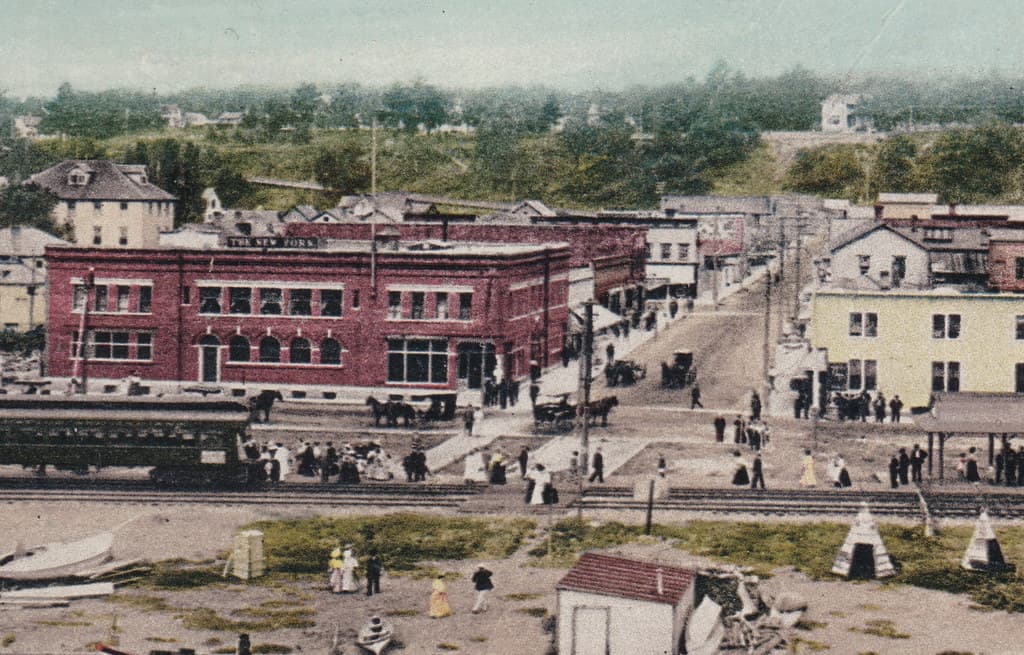 NW Harbor Springs MI 1910 Wonderful Waterfront View from the Steamer Ferry Docks GR&I Dummy Train at DEPOT Next TO THE NEW YORK BUILDING Native Americans still living on the Harbor Beach IN TEEPEES3