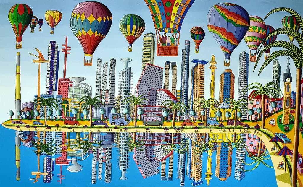 tel aviv skyline tel-aviv beach israel naive art תל אביב חוף הים ציור נאיבי אמנים ישראליים רפי פרץ