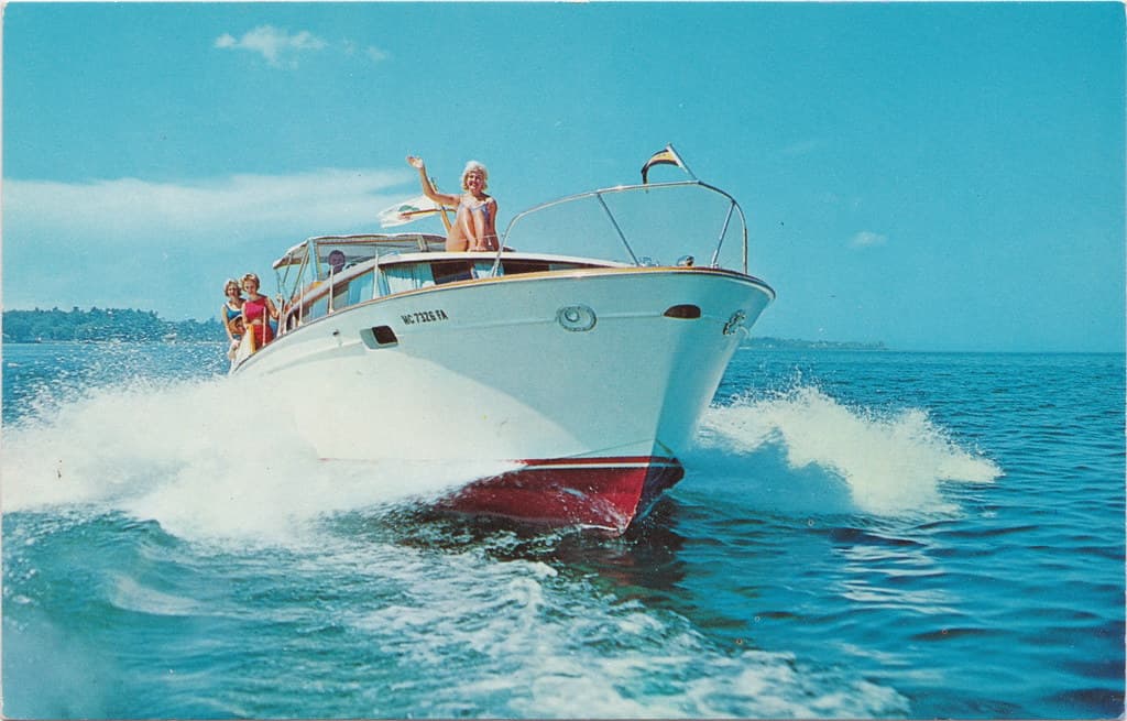 NW Traverse MI c.1960s PRETTY GALS WONDERFUL VIEW OF THE MISS IRMA full of BEACH BABES was a Charter Service for sight seeing cruiser bearthed at Clinch Park Marina PHIL BALYEAT