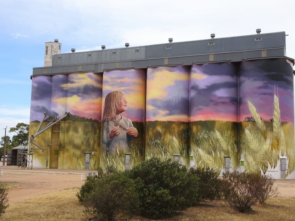 Kimba. Eyre Peninsula. Silo art on the grain silos. Completed in 2017 by Melbourne artist Cam Scale. It depicts the main industry of the region wheat growing.