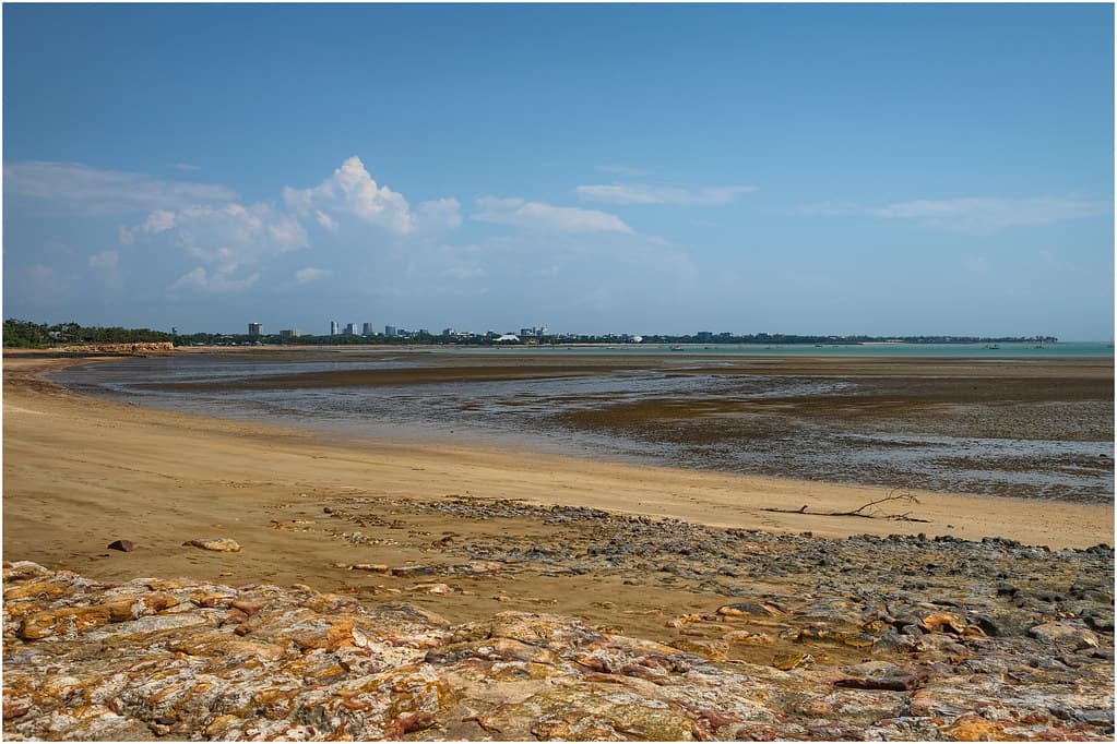 Fannie Bay at low tide, looking from East Point towards Darwin CBD, NT, Australia