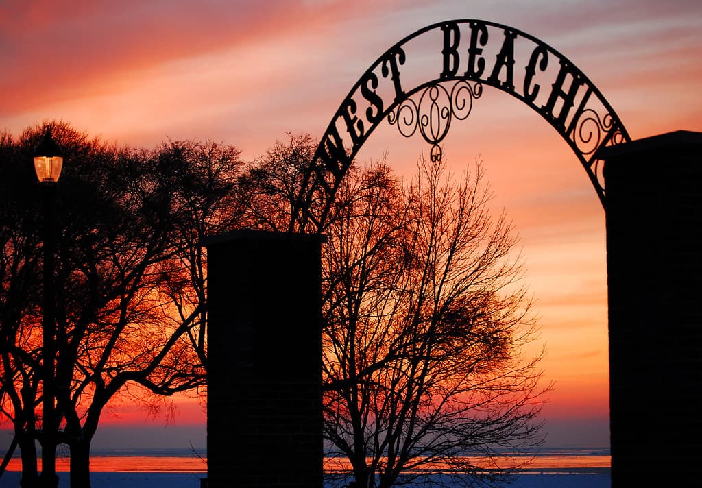 Lakeview Park's West Beach arch at sunset