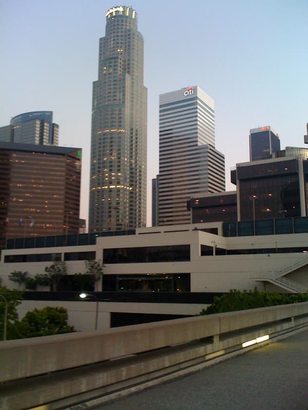 Pedestrian footbridge to Los Angeles World Trade Center; U.S. Bank building and Citi building appear to dwarf the old United California Bank Building / First Interstate Tower building (now Aon Center)