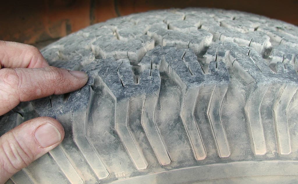 BFG Tyre tread pattern damage from the Nullarbor rocks. Photographed in Cook on the trans line.