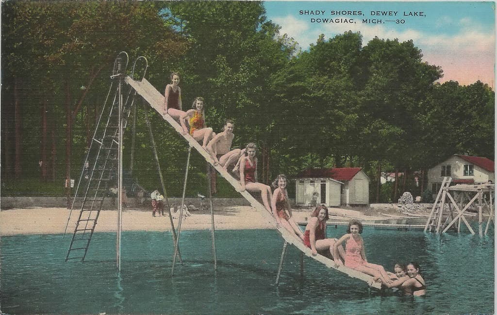 SW Dowagiac MI 1930s BEACH BABES Swim FUN at Owner & Politician Frank Nevins Dewey Lake Shady Shores Resort Waterpark and Beach Yowzzaa THese are some CUTIES