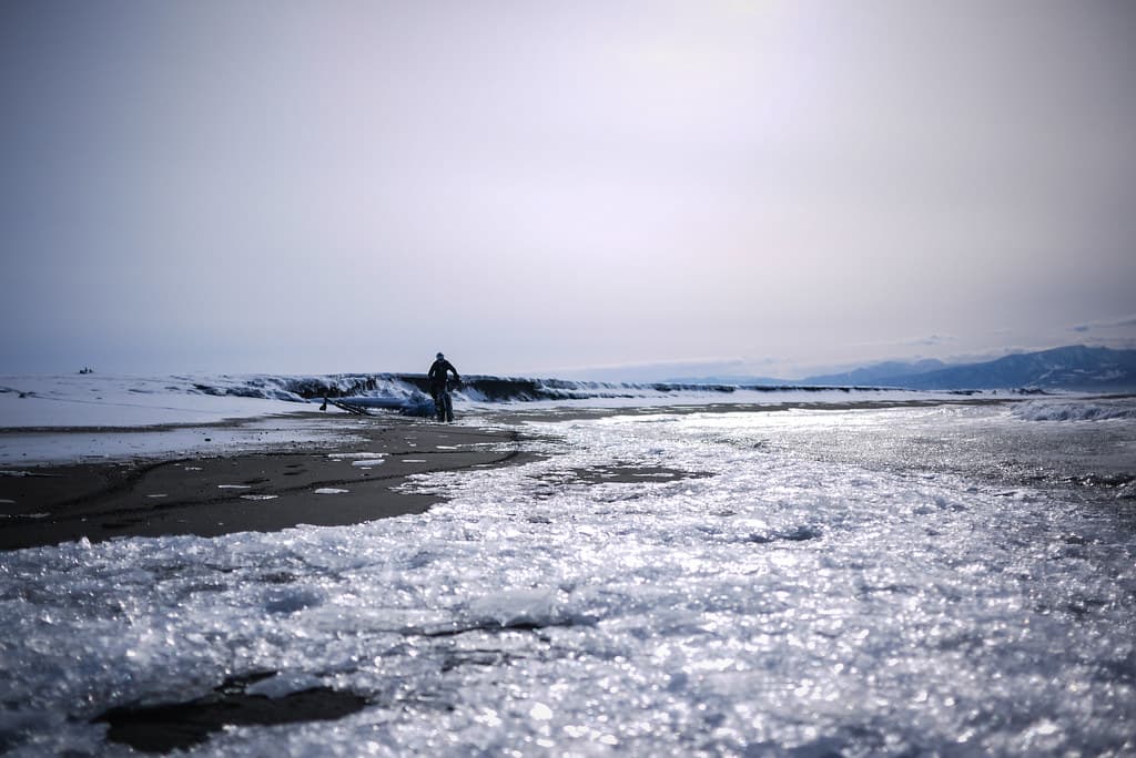 Winter cycling along Ishikari Beach, near Sapporo, Japan