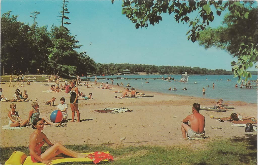 NW Traverse Interlochen MI 1960s Tourist Beach Babes & Family FUN on Beautiful Green Lake at the State Park Beach near the Music Camp and Academy