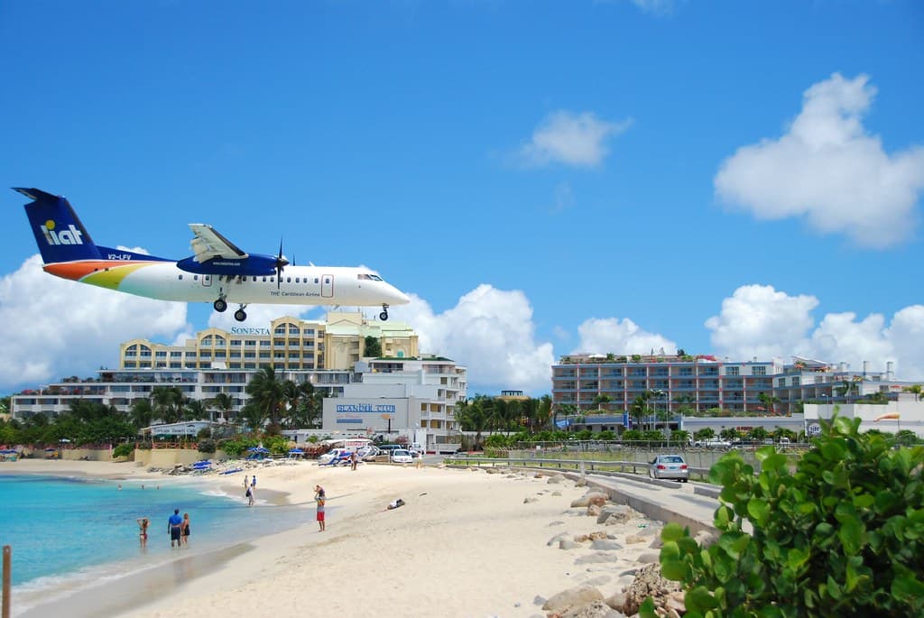 Plane coming in over Maho Bay Beach