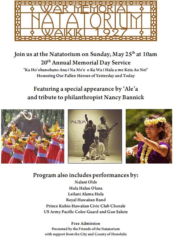 Announcement for the Waikiki Natatorium War Memorial Service on May 25, 2008 at Sans Souci (Kaimana) Beach
