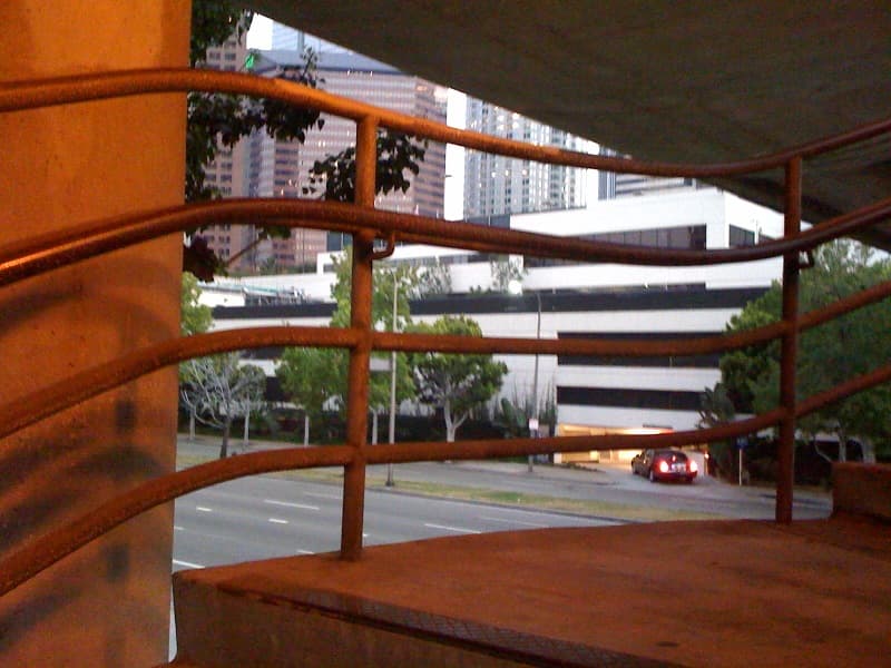 Stairs to pedestrian footbridge and Los Angeles World Trade Center