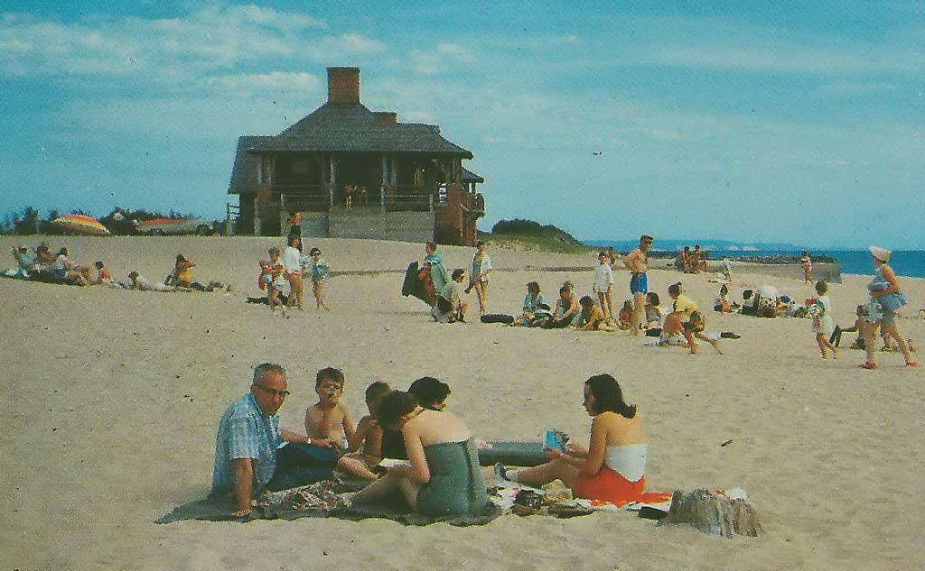 CEN Ludington MI 1950s BEACH BABES and Family FUN at the Pavilion at the Beautiful Ludington State Park North of Town on Lake Michigan & on Hamlin Lake & Lincoln River1