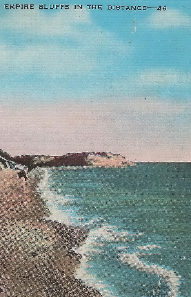 NW Leelanau Glen Haven Empire MI Circa 1920s Young Girl on Beach at Sleeping Bear Dunes Empire Sailors Landmark Empire Bluffs in distance Photographer PECK3