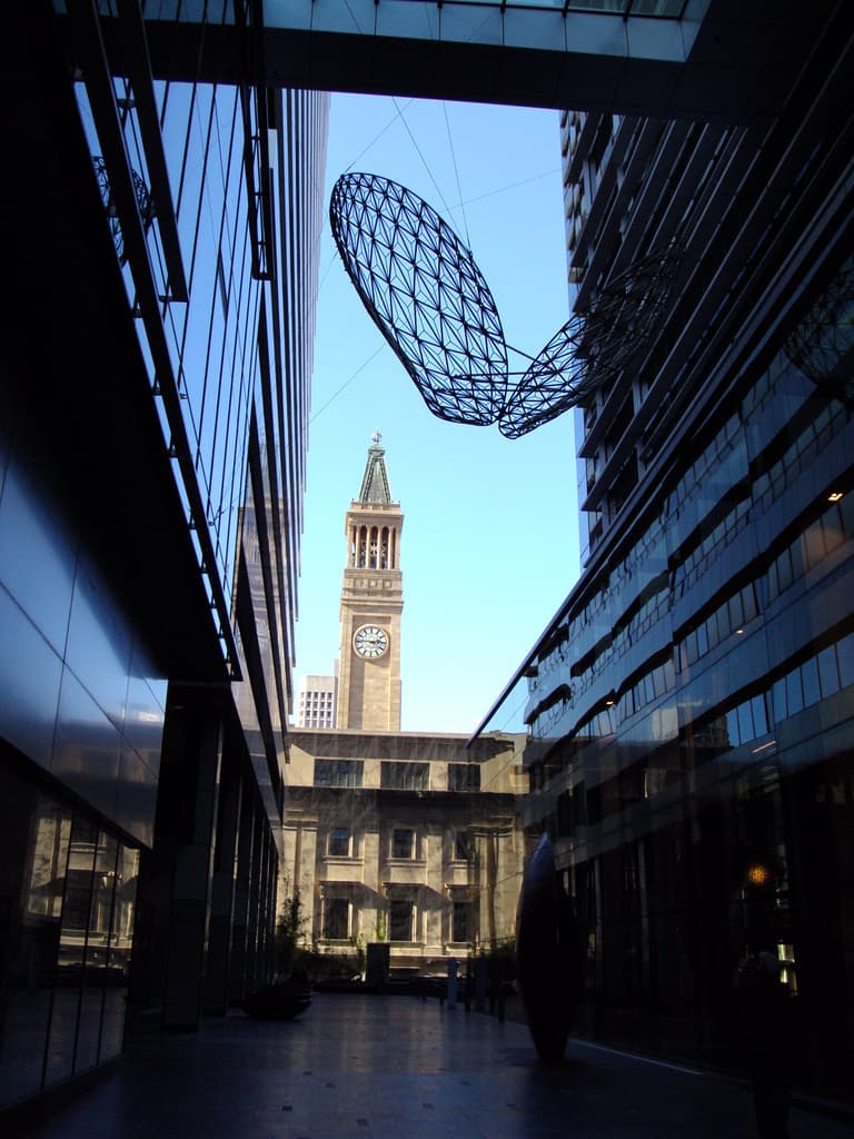 Alley way behind the Brisbane Town Hall  with the clock tower in Queensland Australia.