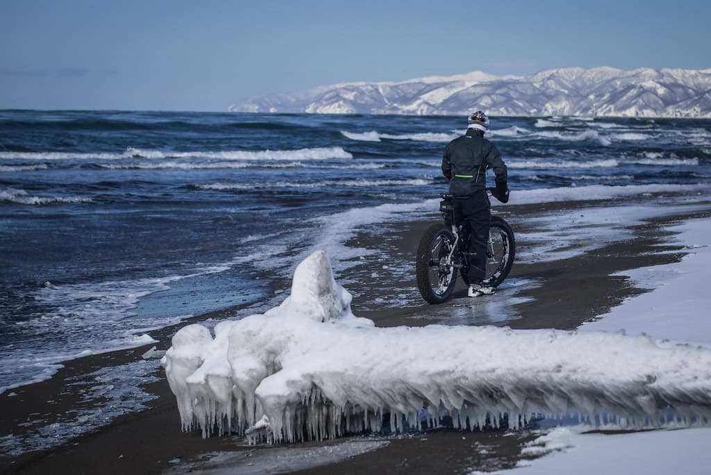 Winter cycling along Ishikari Beach, near Sapporo, Japan