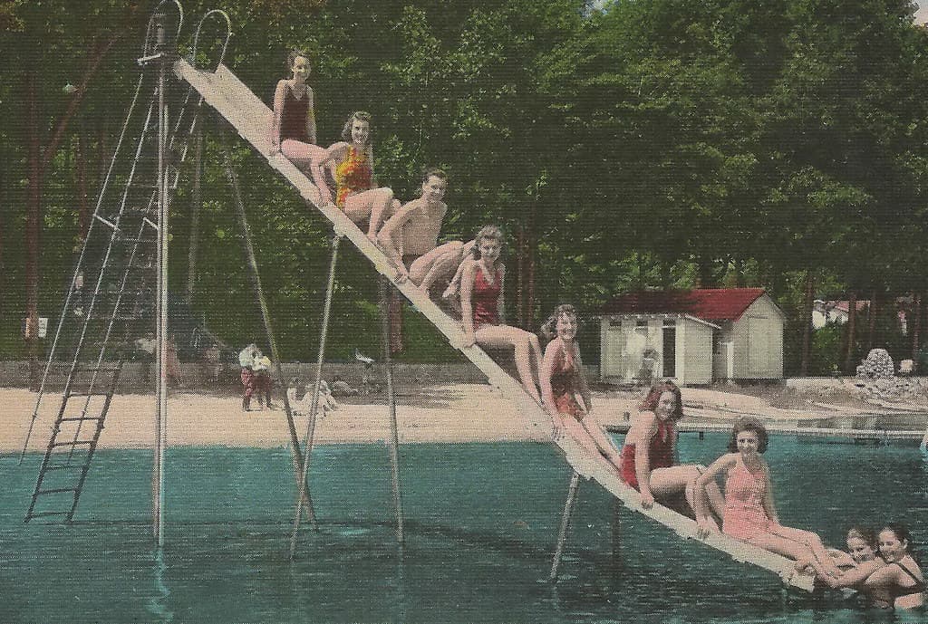 SW Dowagiac MI 1930s BEACH BABES Swim FUN at Owner & Politician Frank Nevins Dewey Lake Shady Shores Resort Waterpark and Beach Yowzzaa THese are some CUTIES-