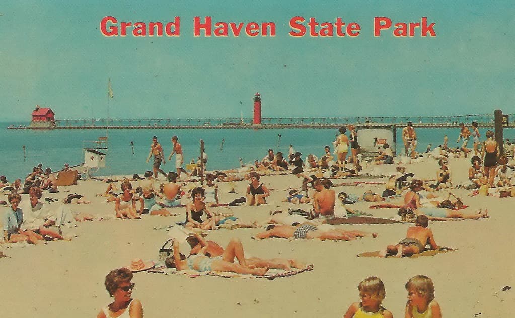 SW Grand Haven MI 1960s SUMMER BEACH BABES and Family FUN State Park Beach just South of the Grand Haven USCG Lighthouse and Lake Michigan Pier-