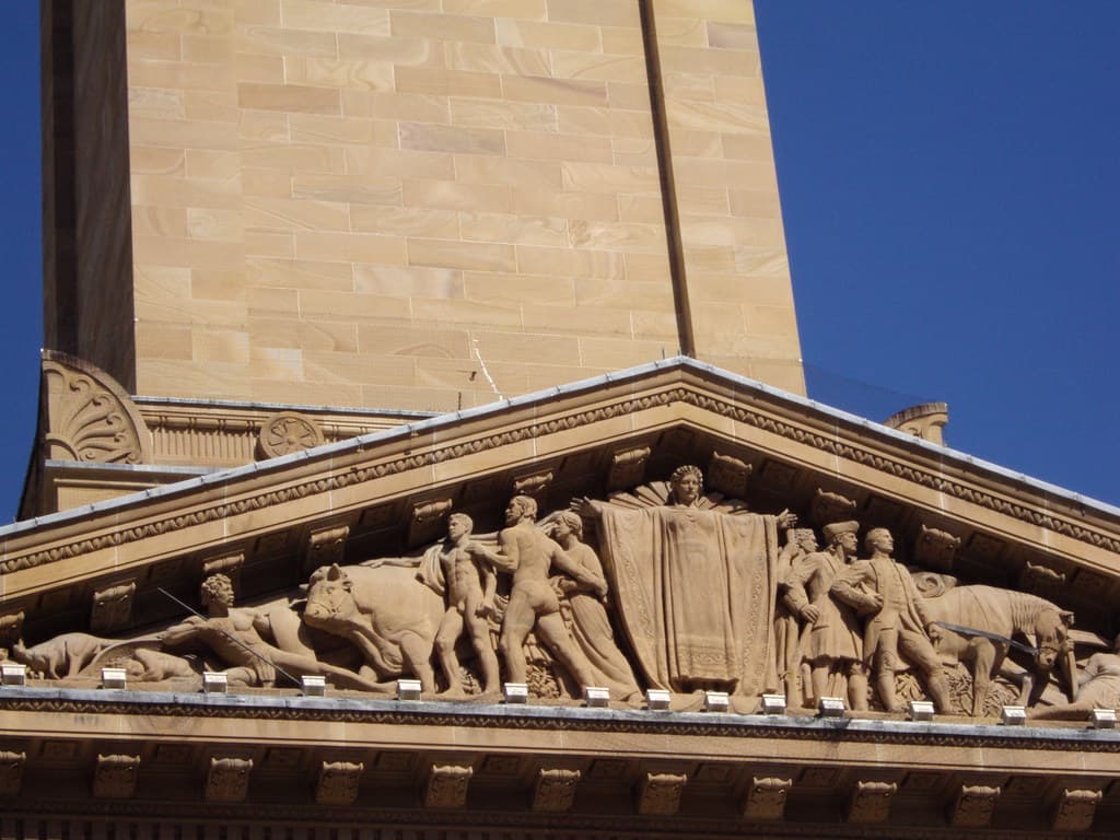 Classical frieze in the triangular pediment above the Brisbane City Hall.