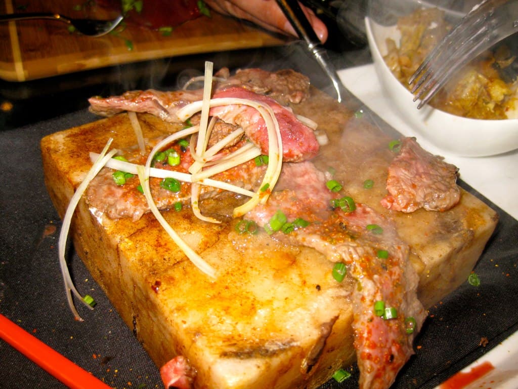 Mishima Wagyu Kobe Beef on hot salt rock w/kimchi