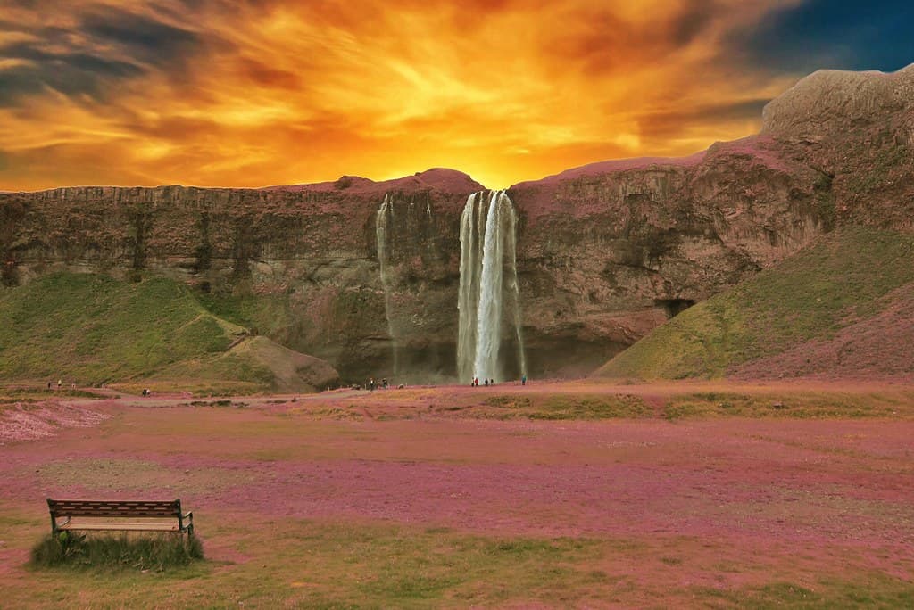 Iceland  ~ Seljalandsfoss Waterfalls ~ Bench to View