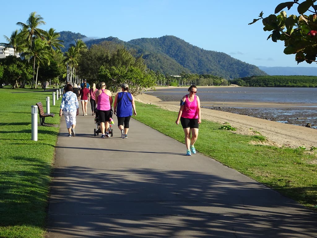 Cairns. The busy morning walk period on the Esplanade Promenade.