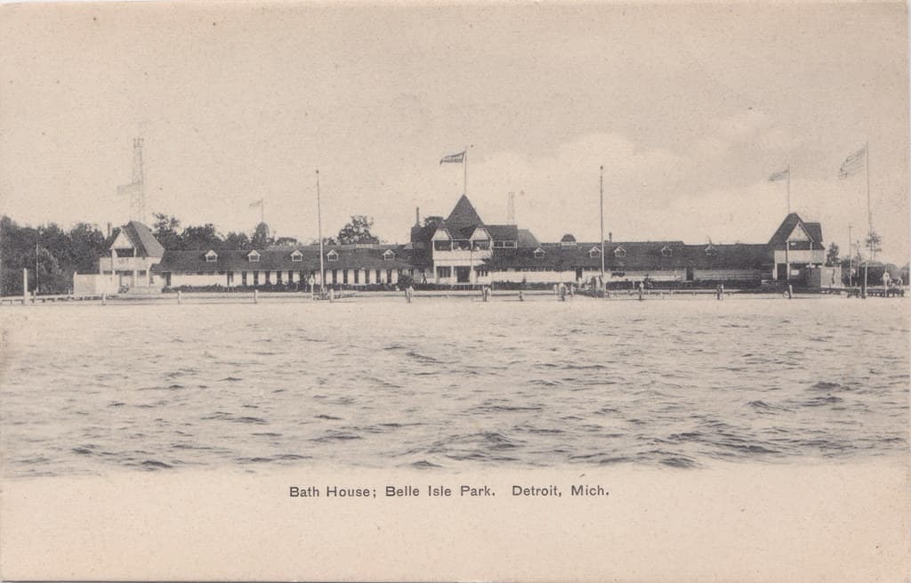 SE Detroit Grosse Point MI BELLE ISLE BATH HOUSE COMPLES with Piers and Docks Waterfront and Beach on the Detrotit River Belle Isle Park 1 PIECE BATHING SUIT DAYS FOR MEN & WOMEN