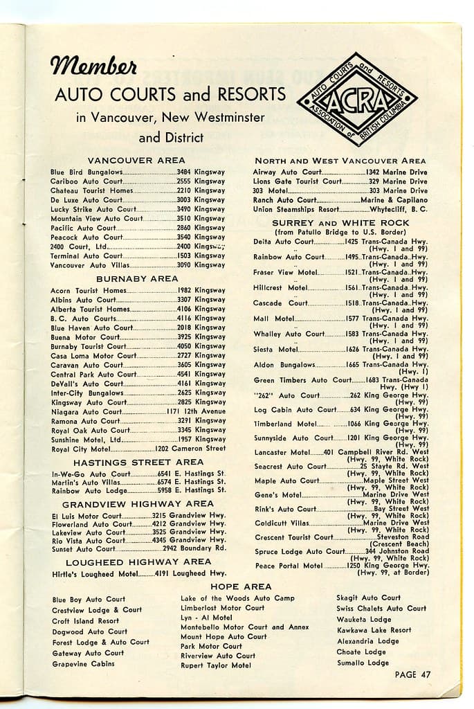 Vancouver Area Listing of Tourist Auto Courts and Resorts for 1953