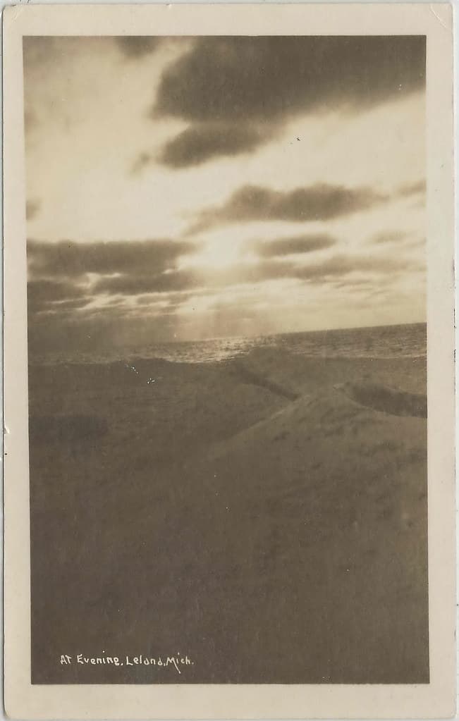NW Leelanau Leland MI RPPC 1920 SUNSETS OVER LAKE MICHIGAN AND WATERFRONT DUNES Beach front South of the Village Dirt Street s early Automobile Era PHOTOGRAPHER UNK