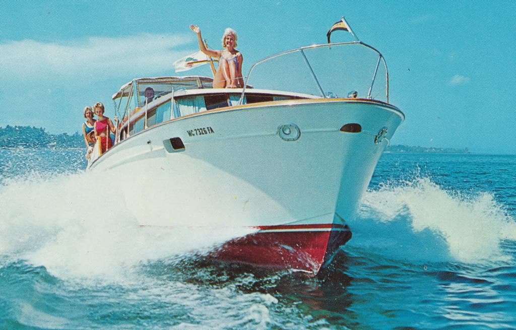 NW Traverse MI c.1960s PRETTY GALS WONDERFUL VIEW OF THE MISS IRMA full of BEACH BABES was a Charter Service for sight seeing cruiser bearthed at Clinch Park Marina PHIL BALYEAT2