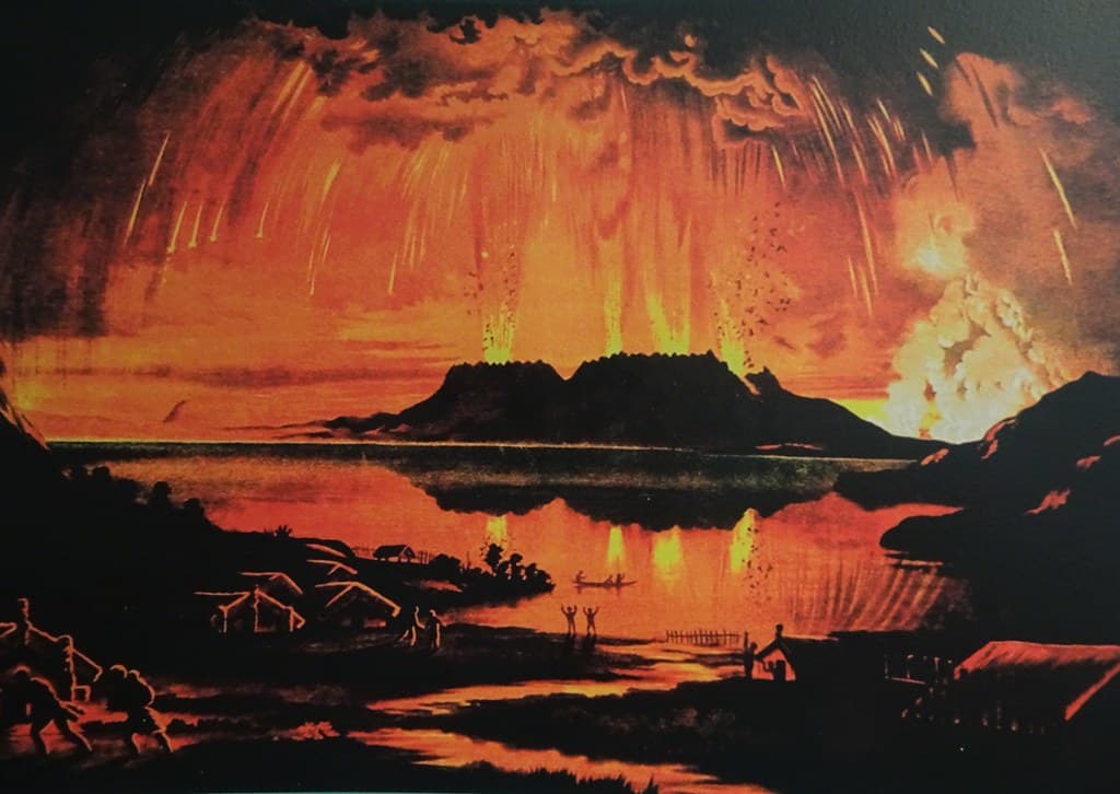 Rotorua. Painting of the mighty volcanic eruption in 1886 near lake Tarawera. The village of Te Wairo was destroyed and buried . The world famous pink crystal terraces were blown up