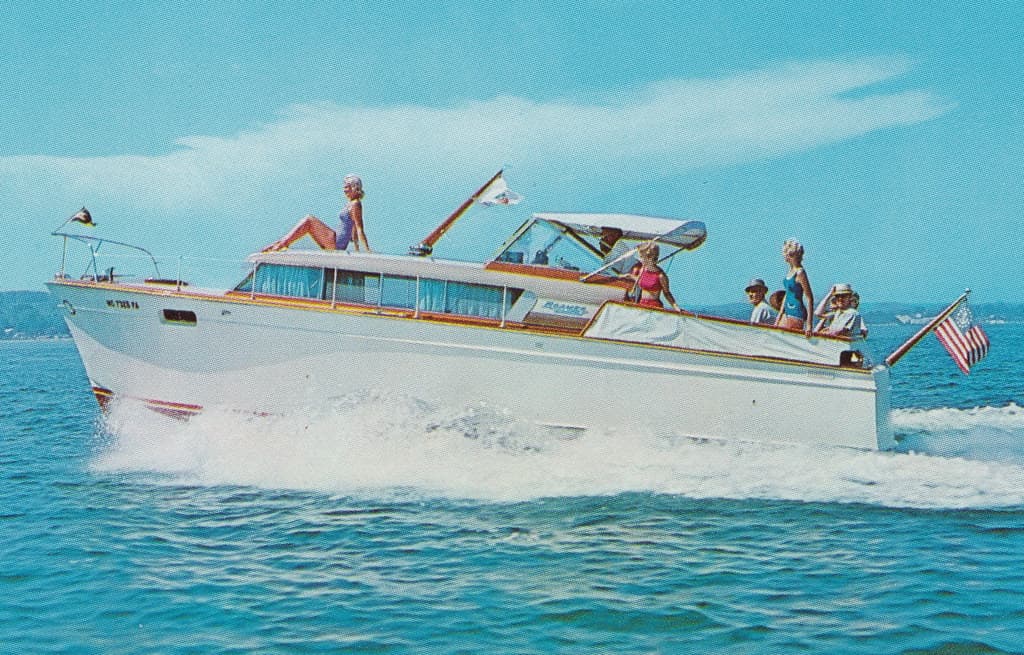 NW Traverse MI c.1960s WONDERFUL VIEW OF THE MISS IRMA full of BEACH BABES The Miss Irma was a Charter Service for sight seeing cruiser bearthed at Clinch Park Marina PHIL BALYEAT2