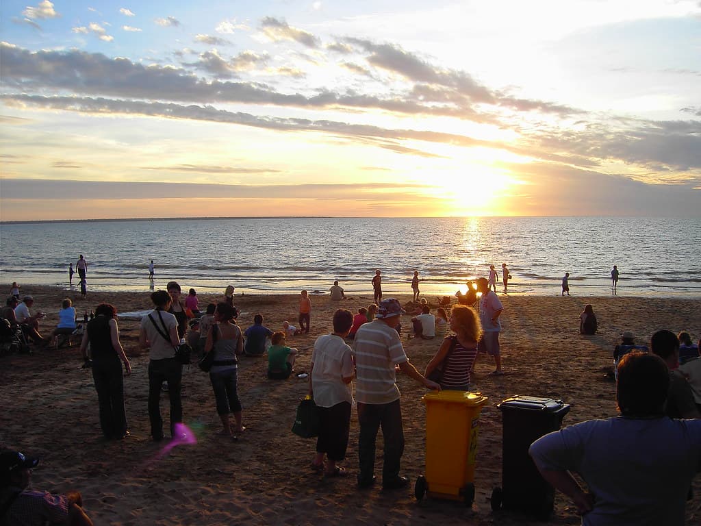 Sunset watchers at Mindil Beach in Darwin in the Northern Territory of Australia.