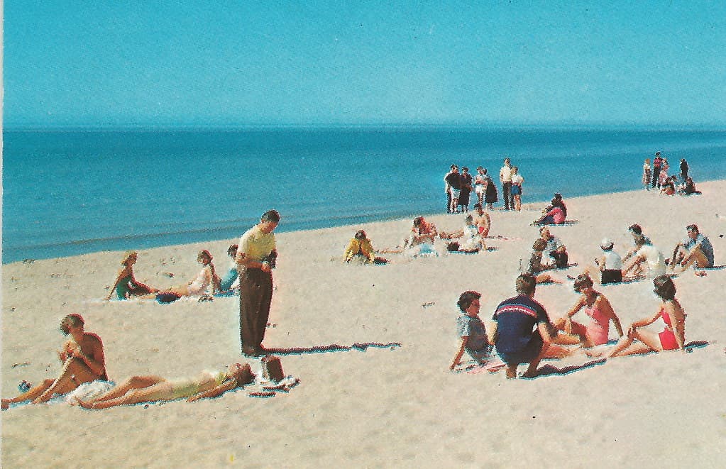 NW Onekama MI BEACH BABES Lake Michigan Beach Portage Point Inn Classic MI Resort Arcadia to the North Freeman Studio Card 25006 Unsent 1-