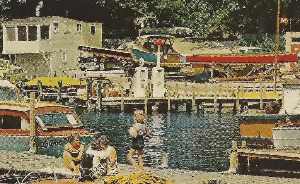 SW Gull Lake Kalamazoo MI 1950s Beach and Wood Boating Era BABES on the Docks at The Bayview Resort Area on the South end of beautiful Gull Lake2
