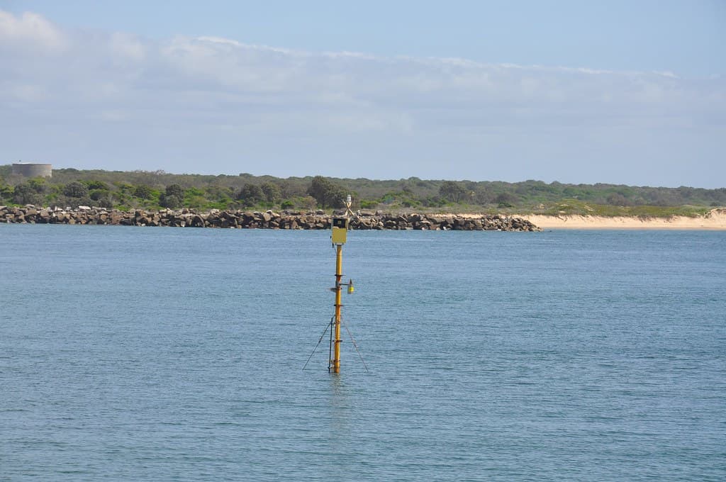 Whiting Beach, Yamba, NSW, looking from land towards Hickey Island and upstream of the Clarence River (middle wall) and towards Moriarty's Wall/Beach at Iluka NSW