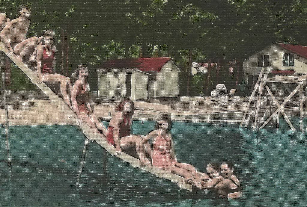 SW Dowagiac MI 1930s BEACH BABES Swim FUN at Owner & Politician Frank Nevins Dewey Lake Shady Shores Resort Waterpark and Beach Yowzzaa THese are some CUTIES1
