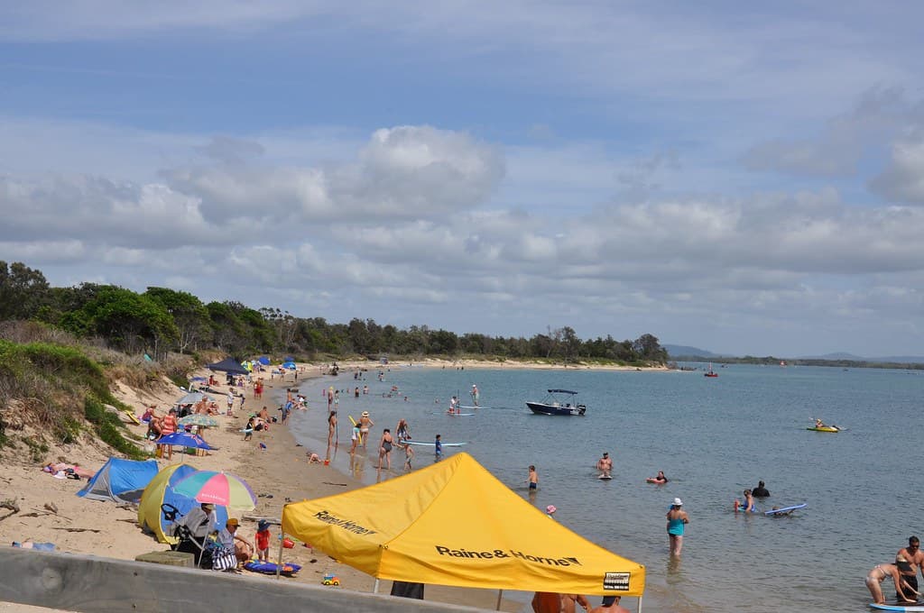 Whiting Beach, Yamba, NSW, looking from land towards Hickey Island and upstream of the Clarence River (middle wall) and towards Moriarty's Wall/Beach at Iluka NSW