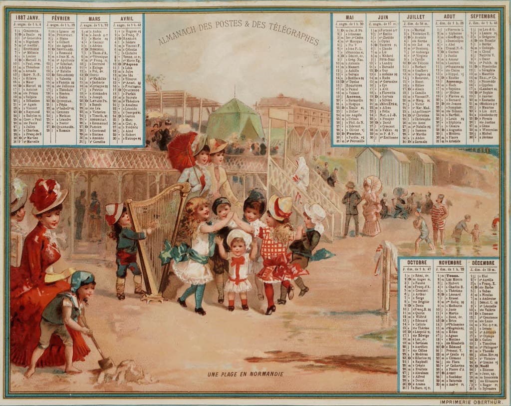 Almanach des Postes et des Télégraphes, registre 1887 - Une plage en Normandie
