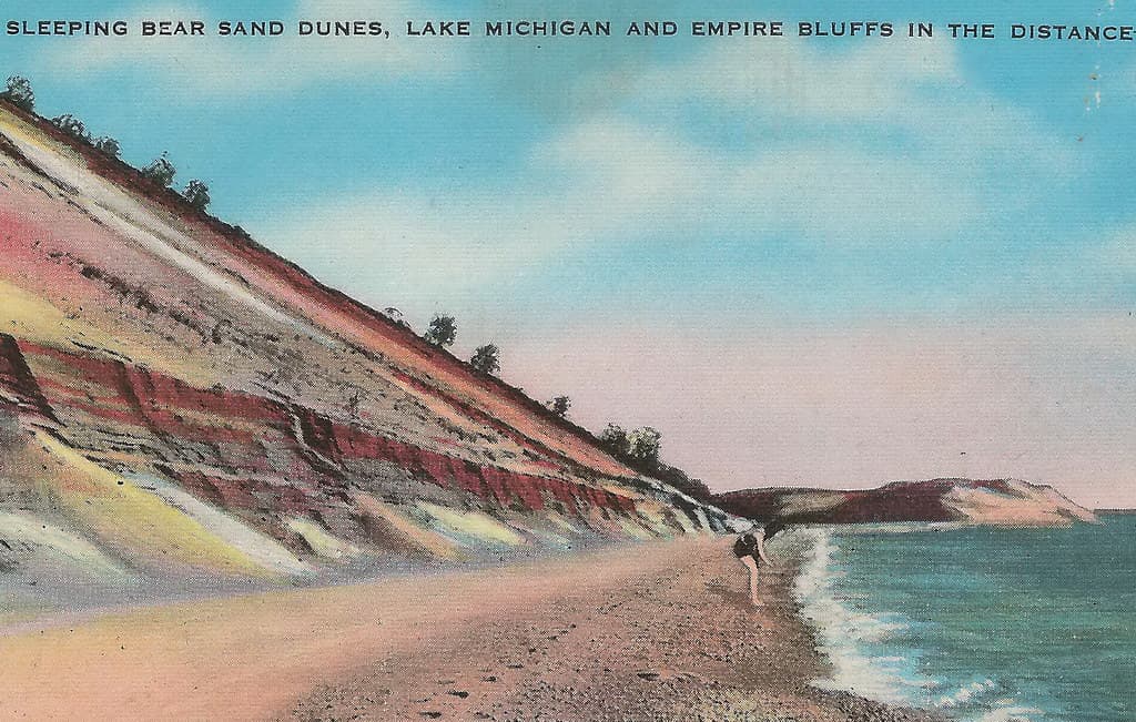 NW Leelanau Glen Haven Empire MI Circa 1920s Young Girl on Beach at Sleeping Bear Dunes Empire Sailors Landmark Empire Bluffs in distance Photographer PECK1