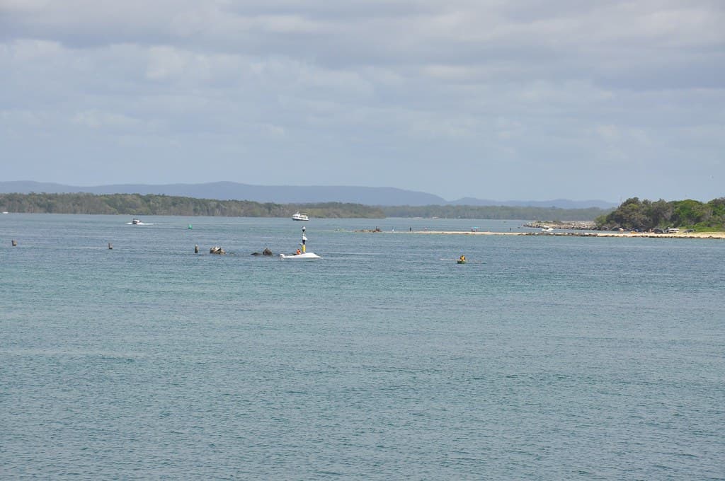Whiting Beach, Yamba, NSW, looking from land towards Hickey Island and upstream of the Clarence River (middle wall) and towards Moriarty's Wall/Beach at Iluka NSW