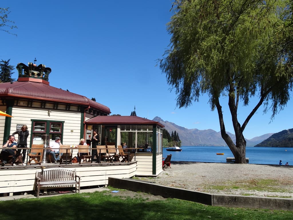 Queenstown. The Coronation Bath House  on the esplanade facing Lake Wakatipu. Built for the coronation of Edward VII in 1901. Now a restaurant with a Crown on the top.