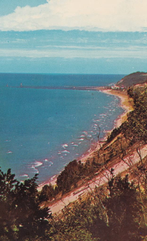 NW Elberta Arcadia MI 1950s Bluff Top Lookout near Arcadia looking over Lake Michigan North to Frankfort and Elberta possibly from what is now Green Point Dunes Nature Preserve3