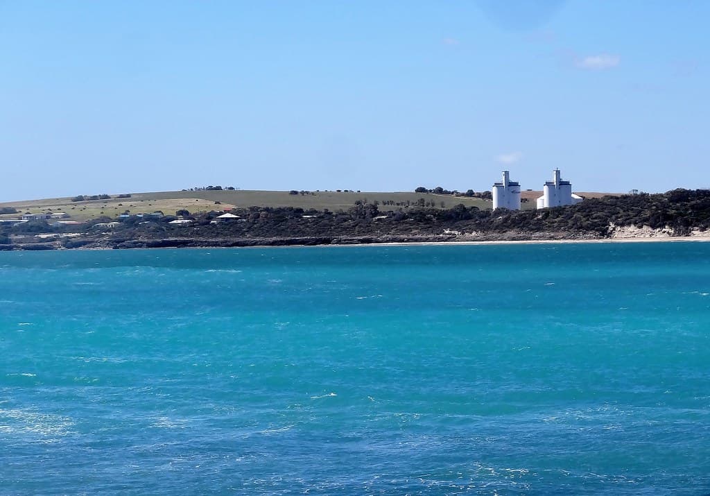 Elliston on Eyre Peninsula.  The town harbour with the grain silos in the background.