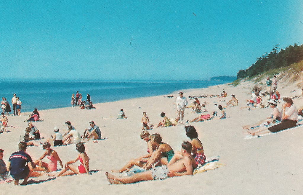 NW Onekama MI BEACH BABES Lake Michigan Beach Portage Point Inn Classic MI Resort Arcadia to the North Freeman Studio Card 25006 Unsent 1-2