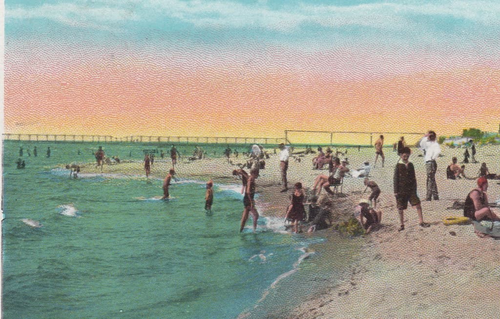 SW Grand Haven early BEACH BABES & FAMILY FUN c.1910 State Park Beach Pier and Lighthouse View looking North to Harbor Pier 1 Piece Bathing Suit Days Vacation Days and Family FUN on Lake Michigan2