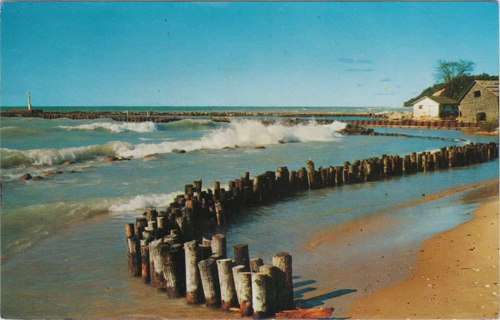 NW Leelanau Leland MI 1950s South Shoreline View before the Harbor Marina Built South of the River and Beautiful Shanty Town Village became Leland Fishtown Community