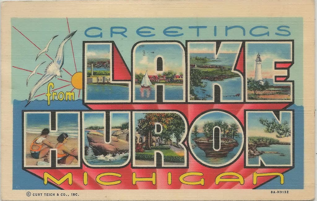 CEN Port Huron Grindstone Caseville Port Austin Tawas MI 1940s Lake Huron Vacation and Family Memories FUN THUMB Area Beach Communities Large Letter Collectible Curt Teich 8A-H3132